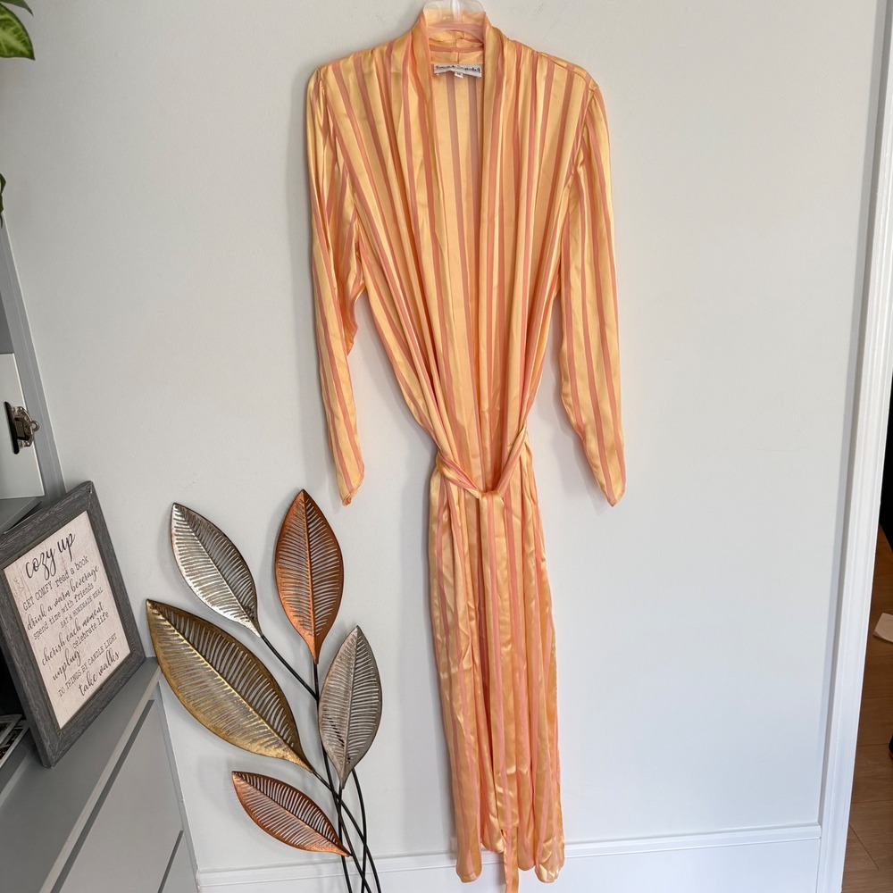 M4 Vintage Fernando Sanchez 100% Silk Striped Duster Robe Orange Pink Sz M 3989